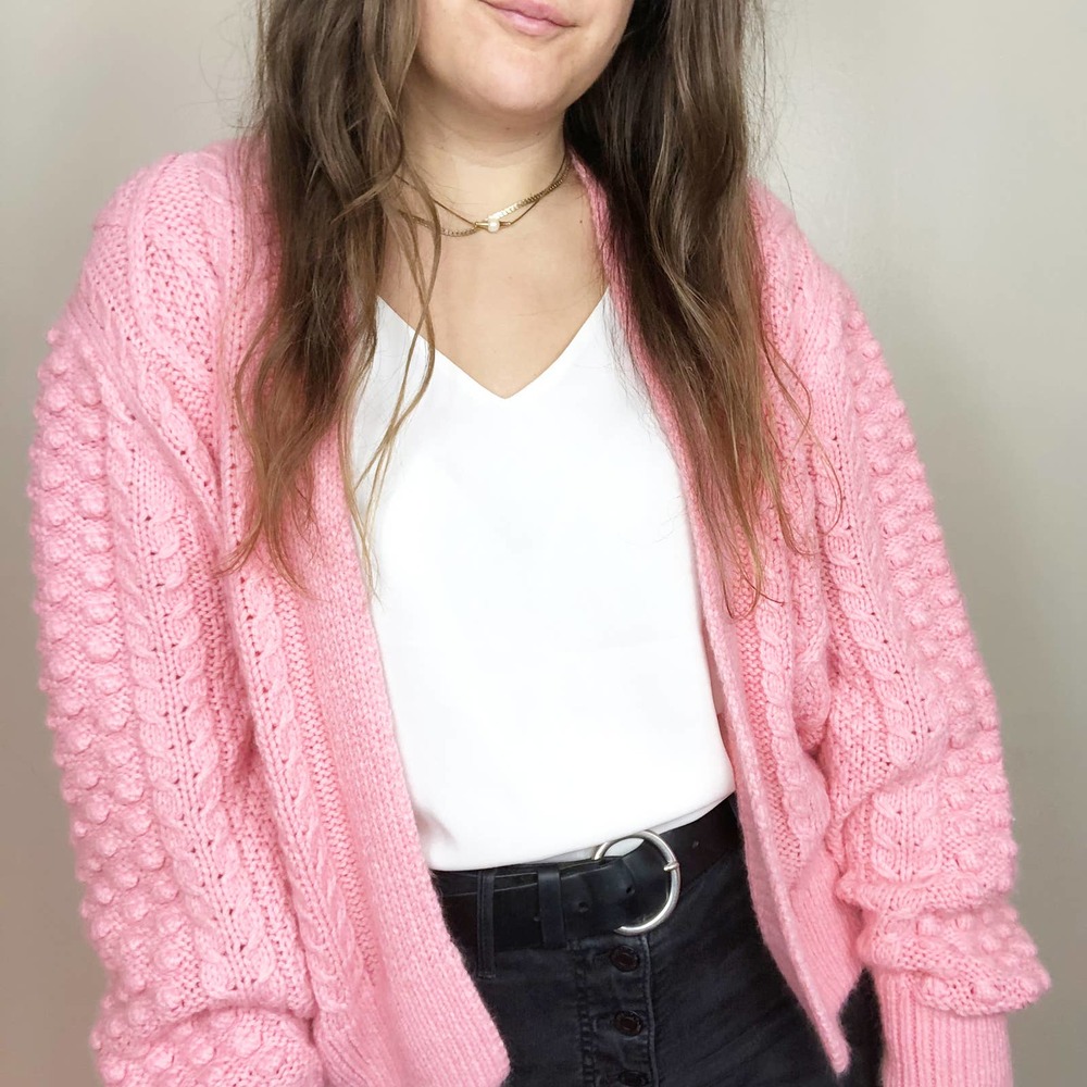 H&M | Women's Medium Coral Pink Chunky Knit Wool Cardigan Sweater Bobble Pompom